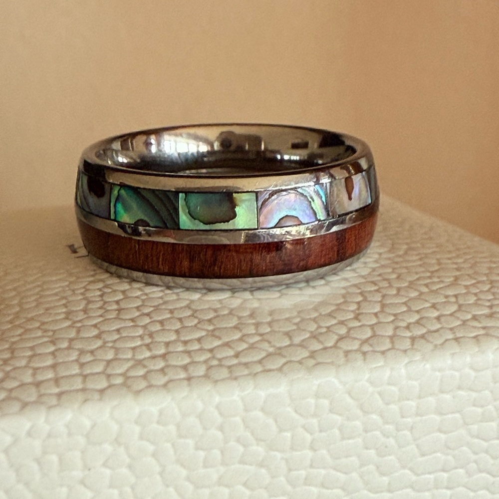 Hawaiian Silver Abalone and Koa Wood Inlay Ring - Size 9